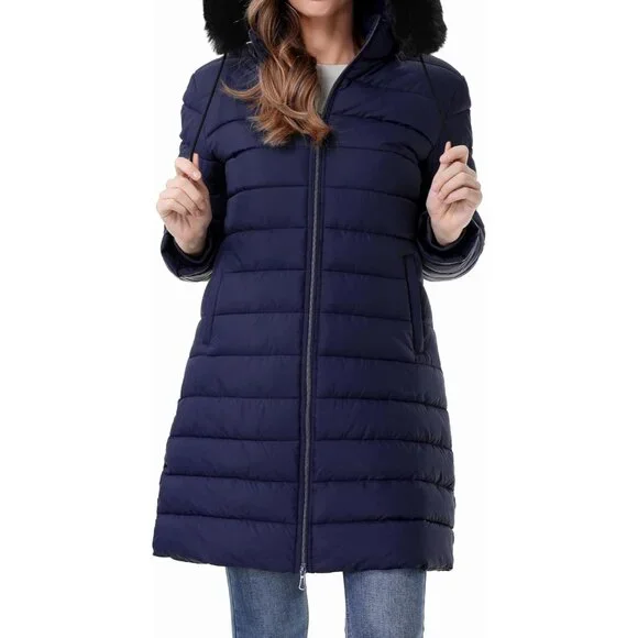 Women's Navy Waterproof Long Down Jacket,warm Winter Hooded Puffer Coat